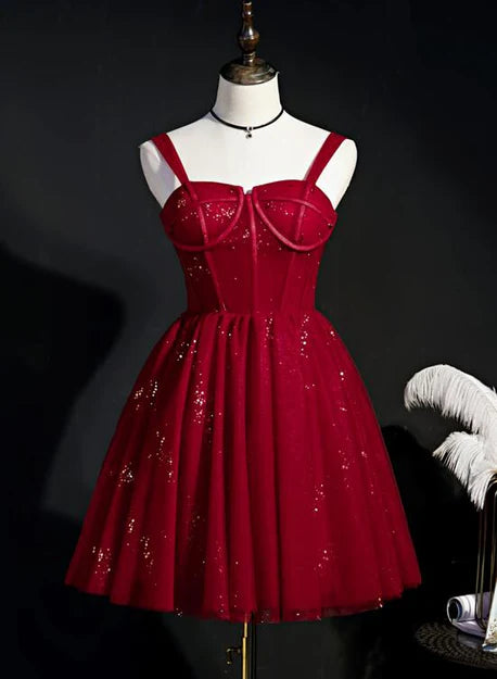 Luolandi Wine Red Short Tulle Straps Cute Homecoming Dress Short Prom Dress Party Dress Sparkly